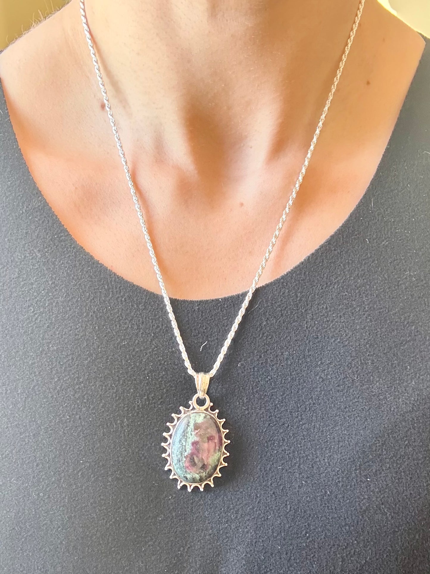 Sterling silver Ruby in Zoisite pendant on black leather cord, featuring green and ruby-toned natural stone with decorative silver edge