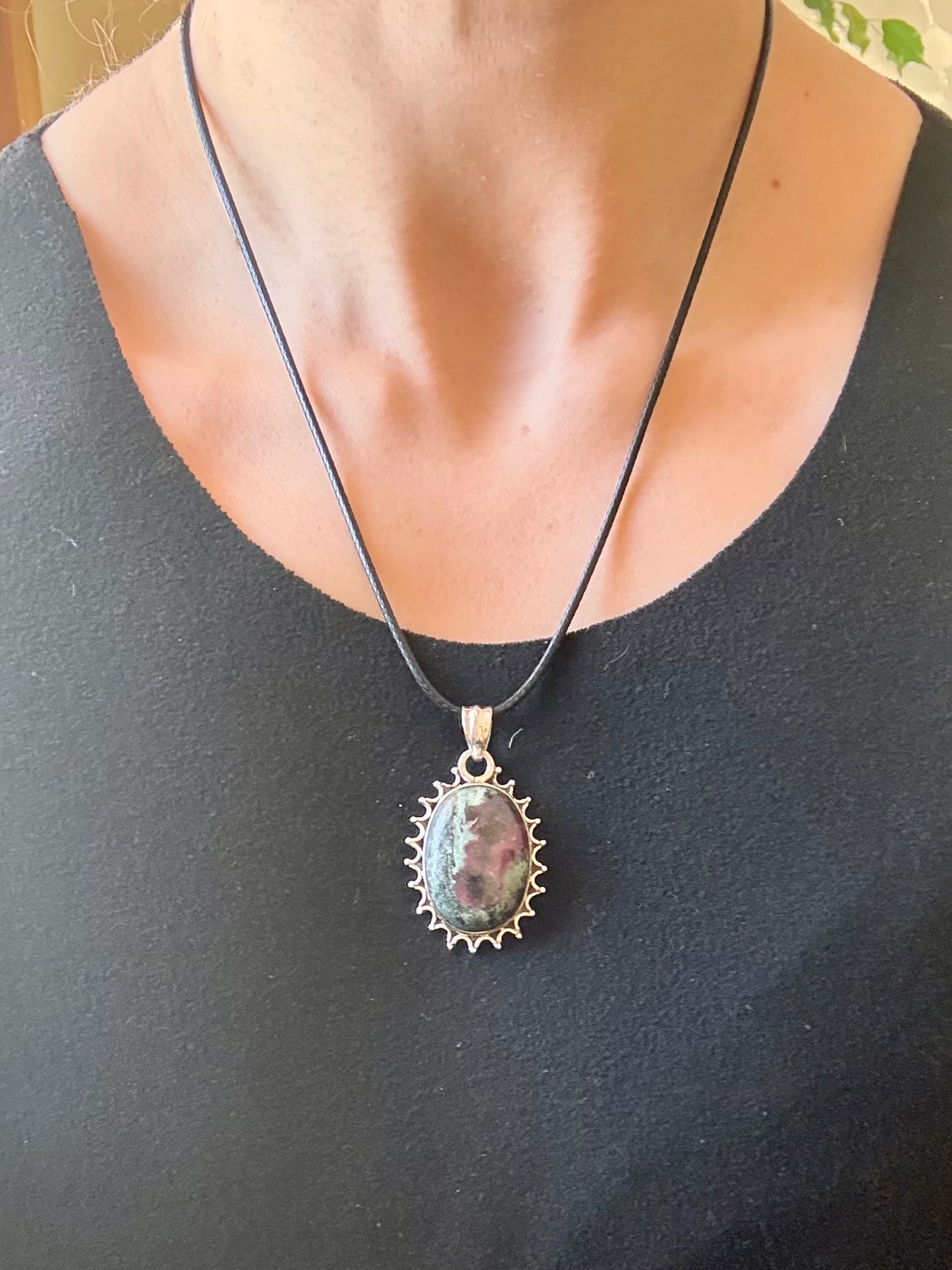 Sterling silver Ruby in Zoisite pendant on black leather cord, featuring green and ruby-toned natural stone with decorative silver edge