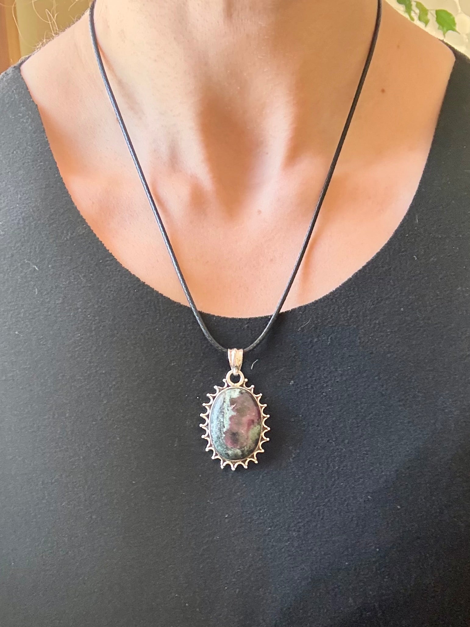 Sterling silver Ruby in Zoisite pendant on black leather cord, featuring green and ruby-toned natural stone with decorative silver edge