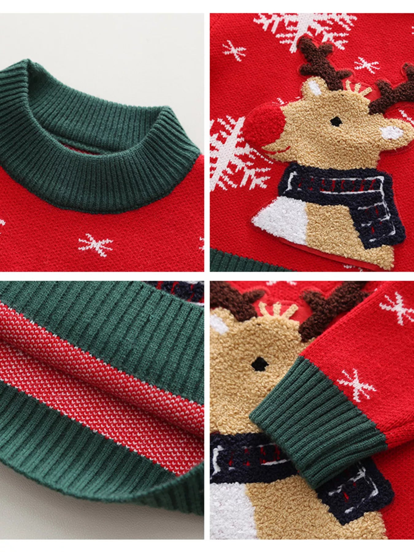 Kids’ red reindeer Christmas sweater with green trim and white snowflakes.