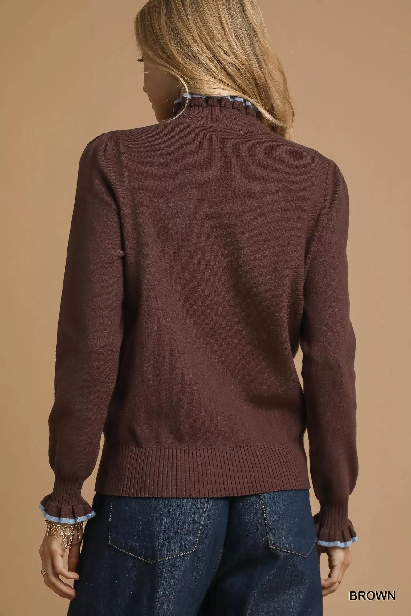 Ruffle Charm Sweater – ribbed knit sweater with feminine ruffle contrast trim, chic cozy winter fashion.