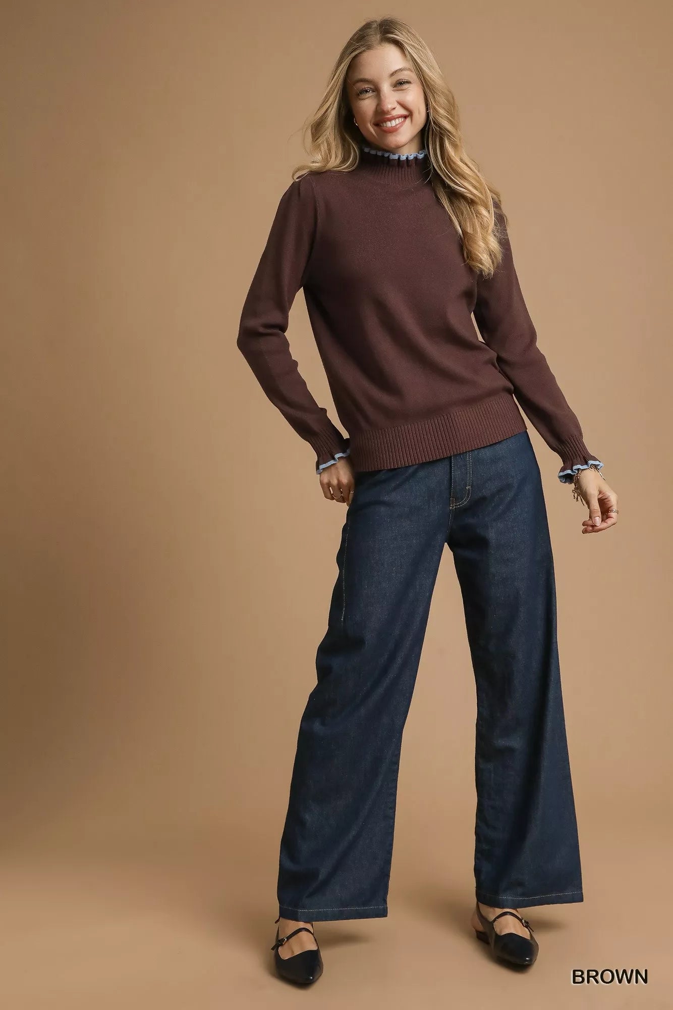 Ruffle Charm Sweater – ribbed knit sweater with feminine ruffle contrast trim, chic cozy winter fashion.