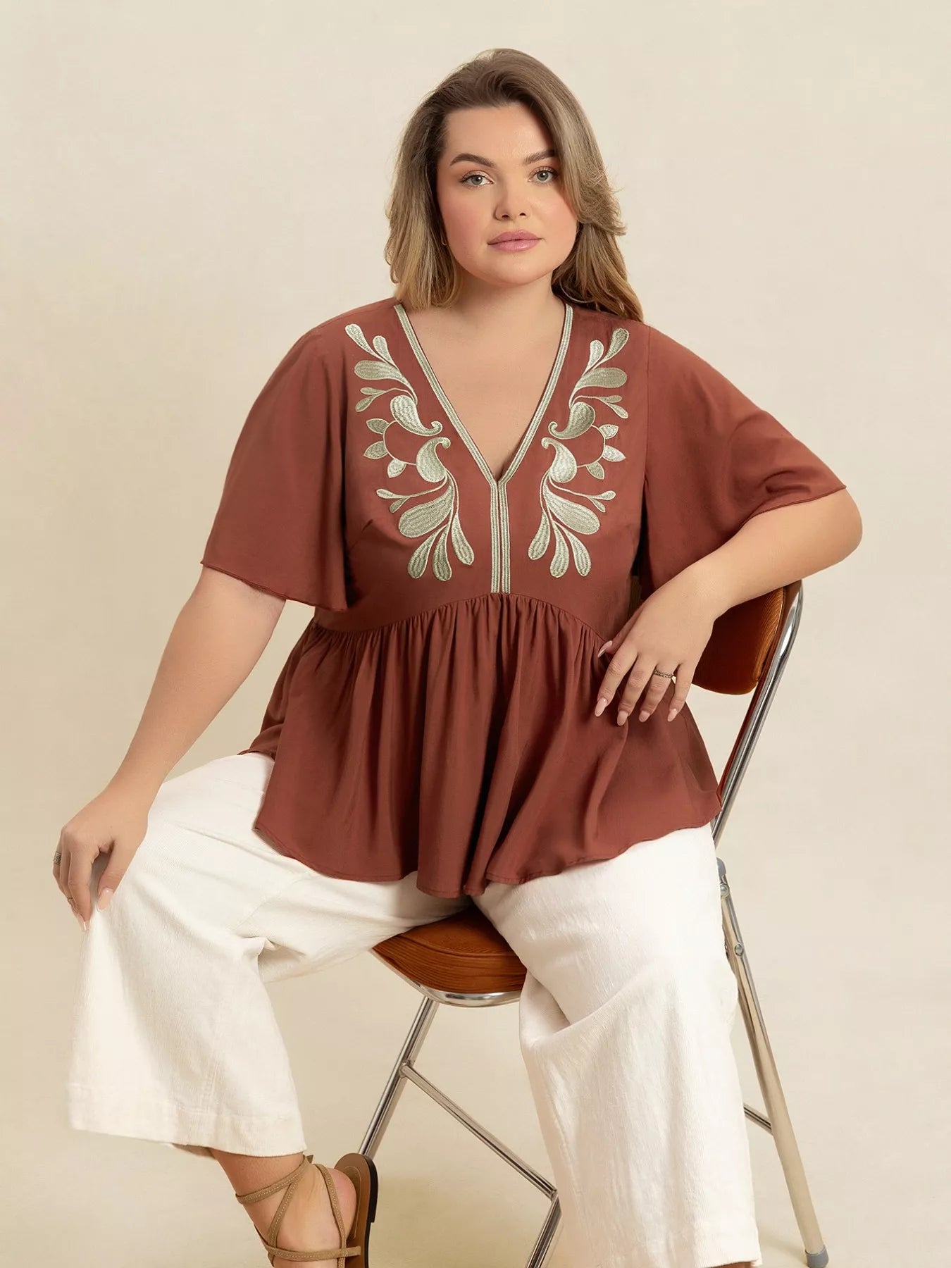 rust-embroidered-vneck-ruched-top-plus-size-2