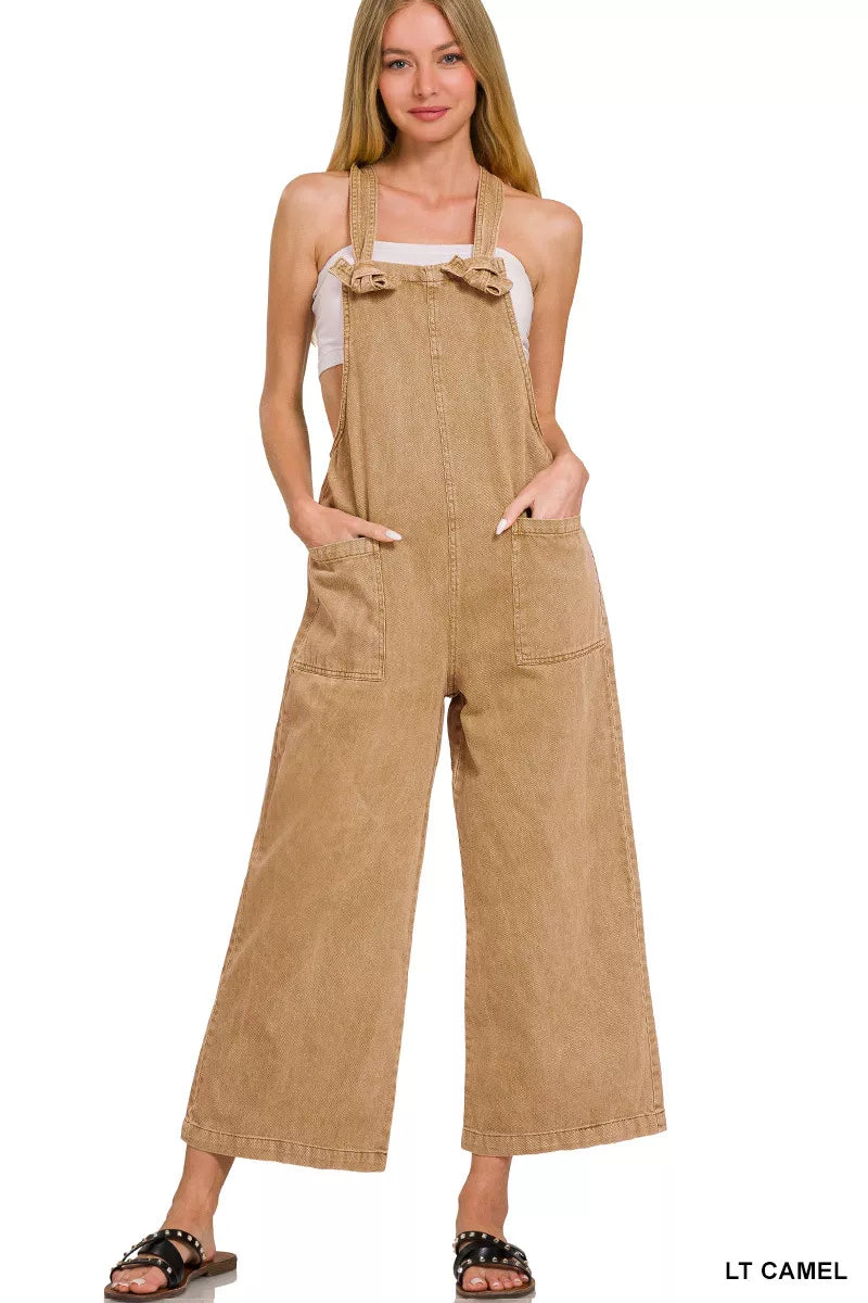 Rustic Ease Knot Jumpsuit in light camel with knot straps and pockets