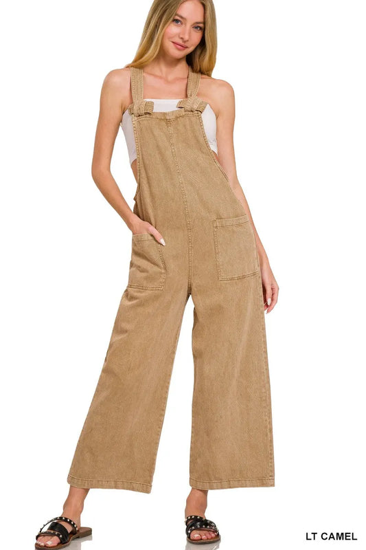 Rustic Ease Knot Jumpsuit in light camel with knot straps and pockets