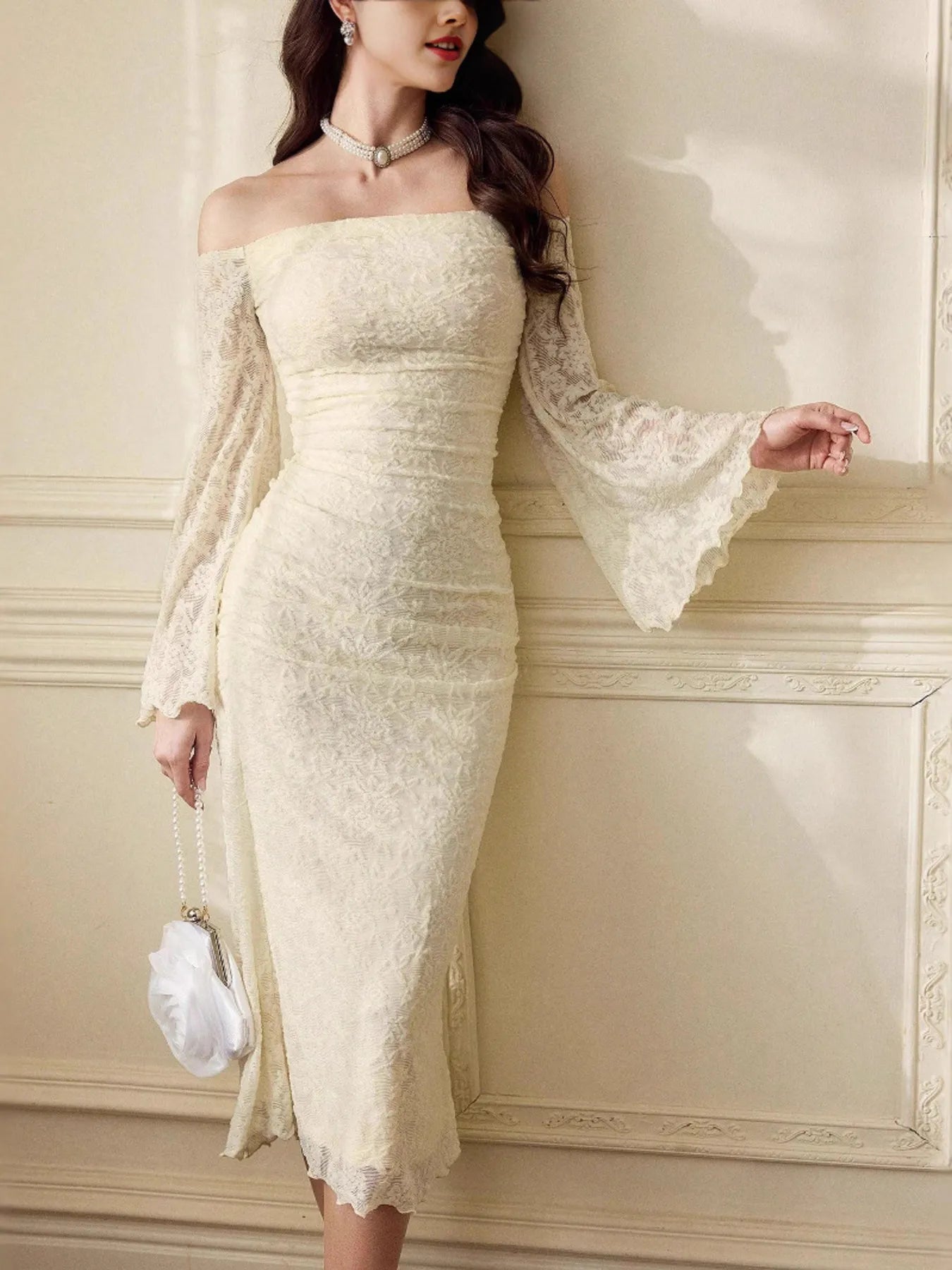 Apricot beige off-shoulder dress with lace trim, ruched bodice, and flared sleeves – Sandstone Romance style from A Whimsical Affair.