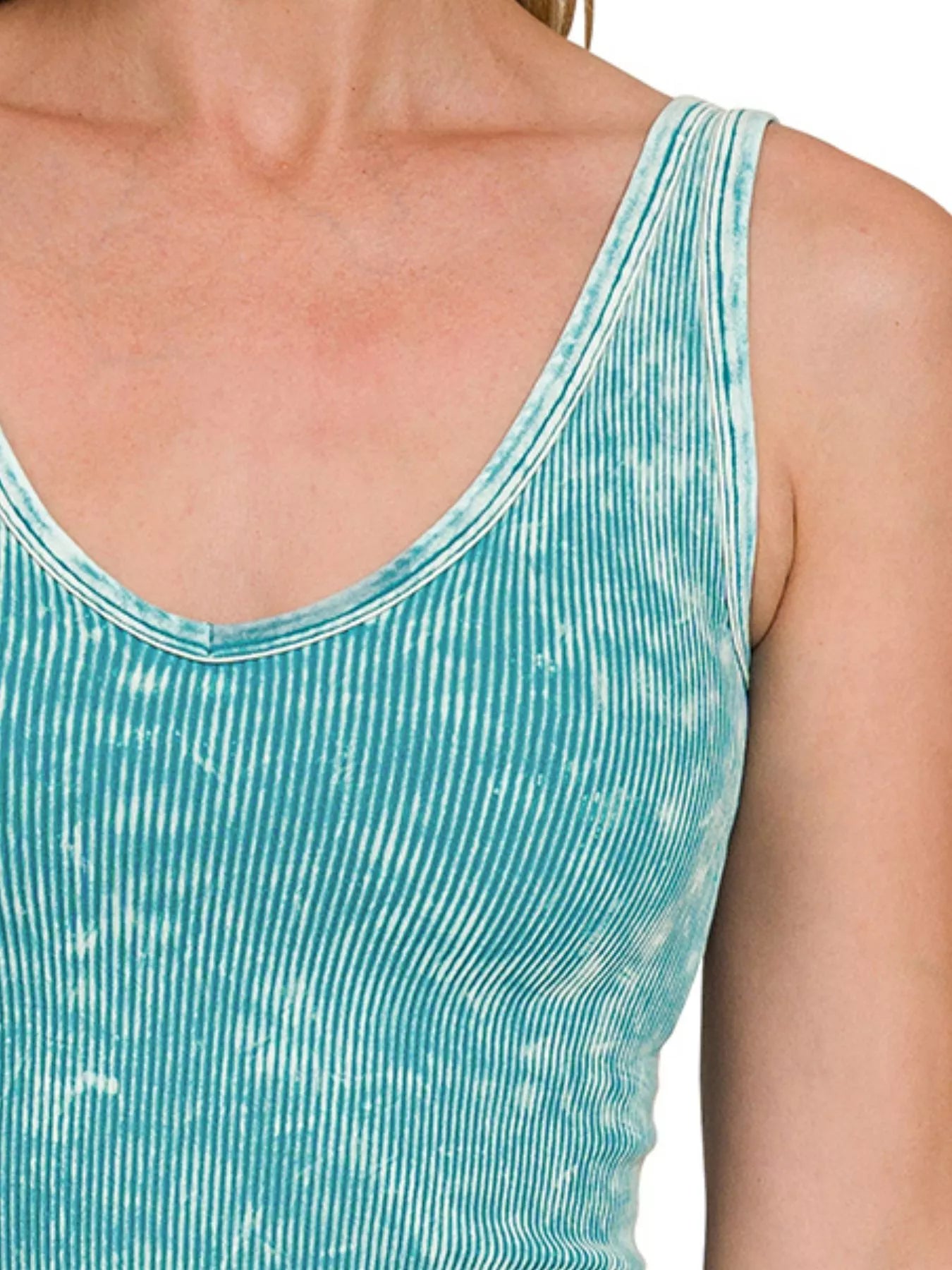 Washed teal ribbed seamless cropped tank top with square neckline and fitted silhouette