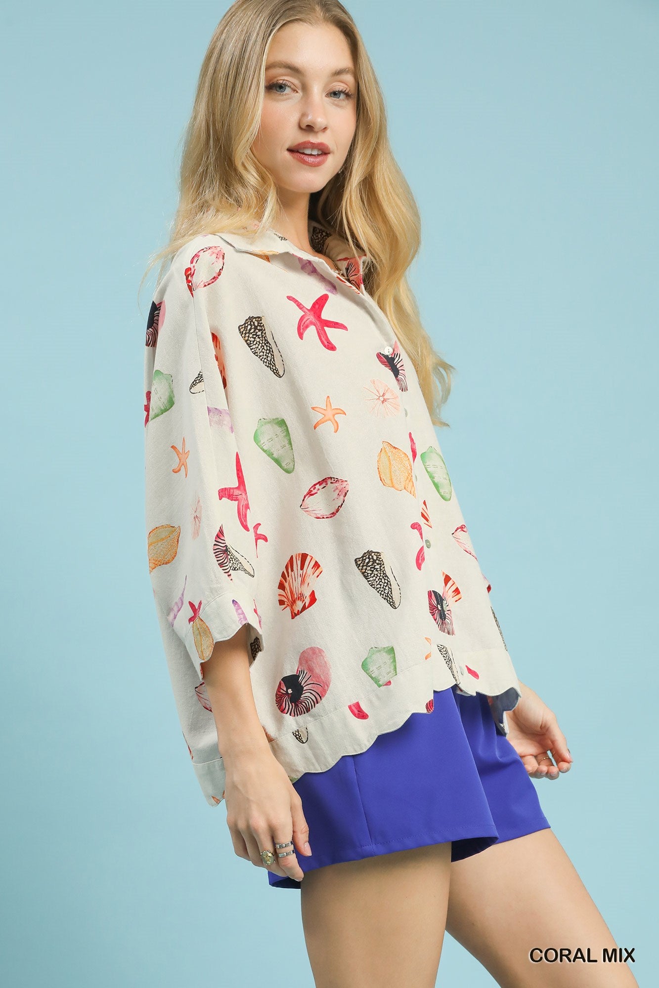 seashell and starfish print button-down top in lightweight cotton blend