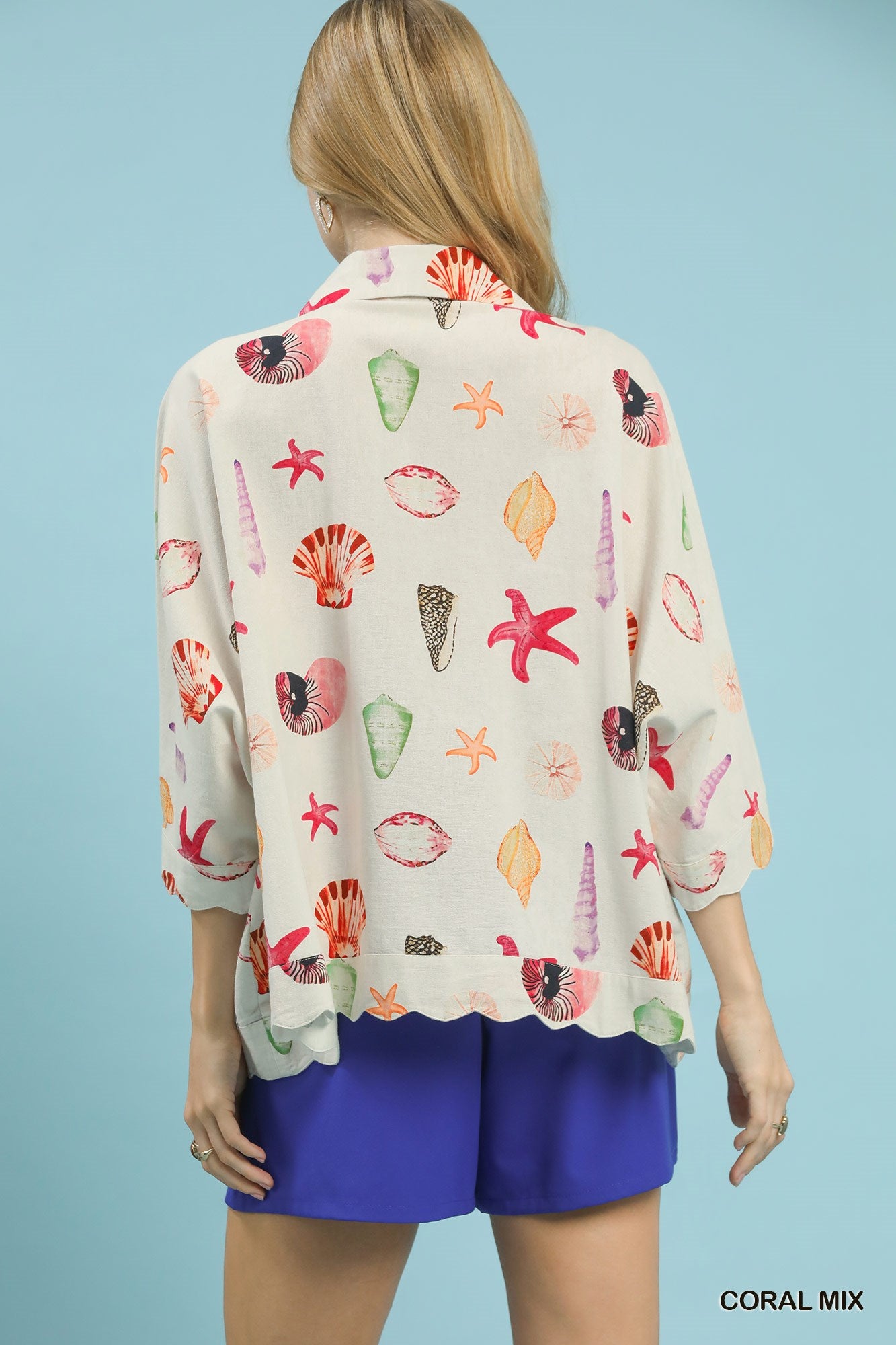 seashell and starfish print button-down top in lightweight cotton blend