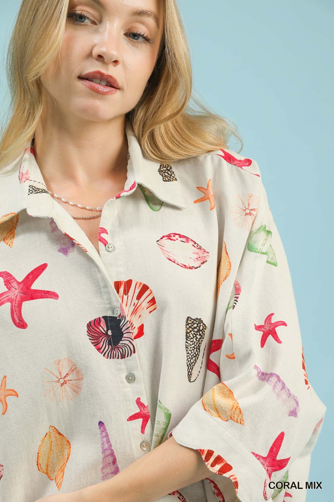 seashell and starfish print button-down top in lightweight cotton blend