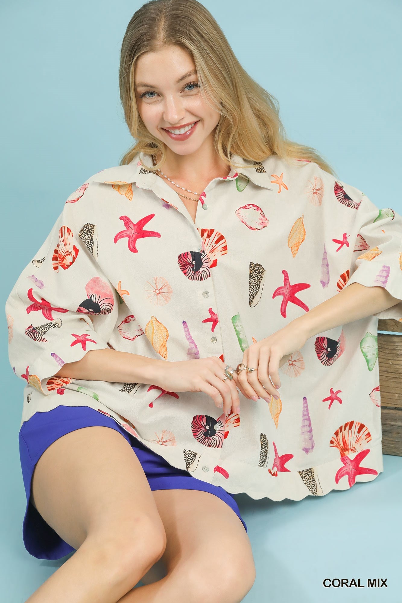 seashell and starfish print button-down top in lightweight cotton blend