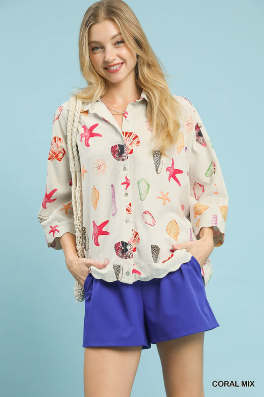seashell and starfish print button-down top in lightweight cotton blend