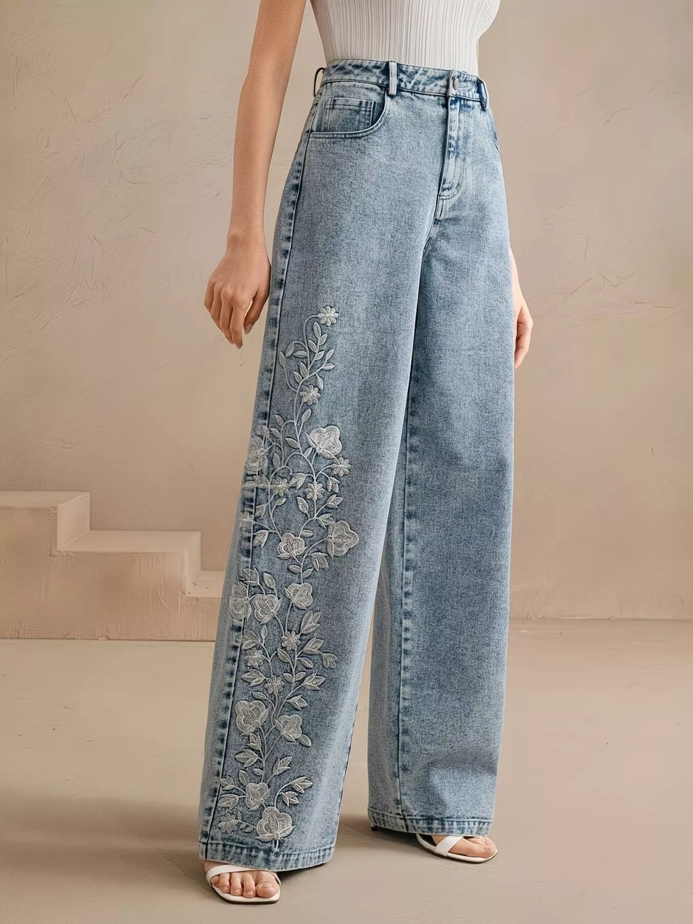 Wide-leg jeans with floral embroidery down one leg, seam detailing, structured cotton-blend denim, and a relaxed statement fit.-Max-Origin