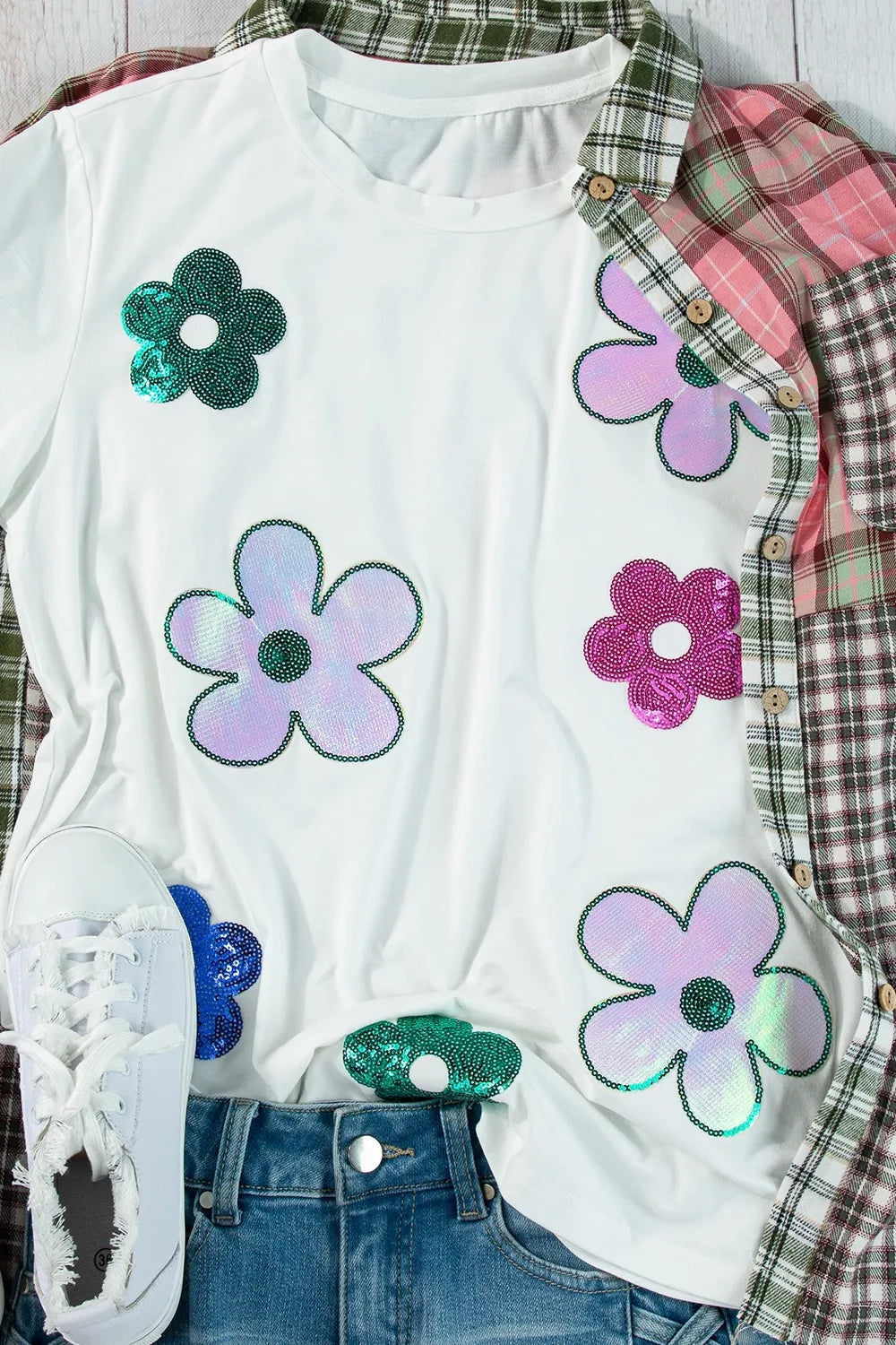 White short sleeve t-shirt with colorful sequin floral designs