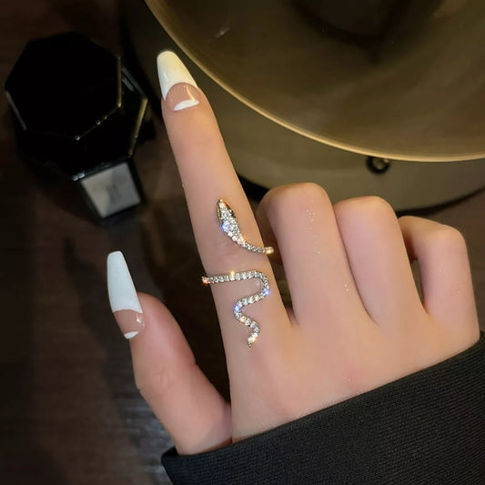 Adjustable silver snake wrap ring with sparkling zircon stones