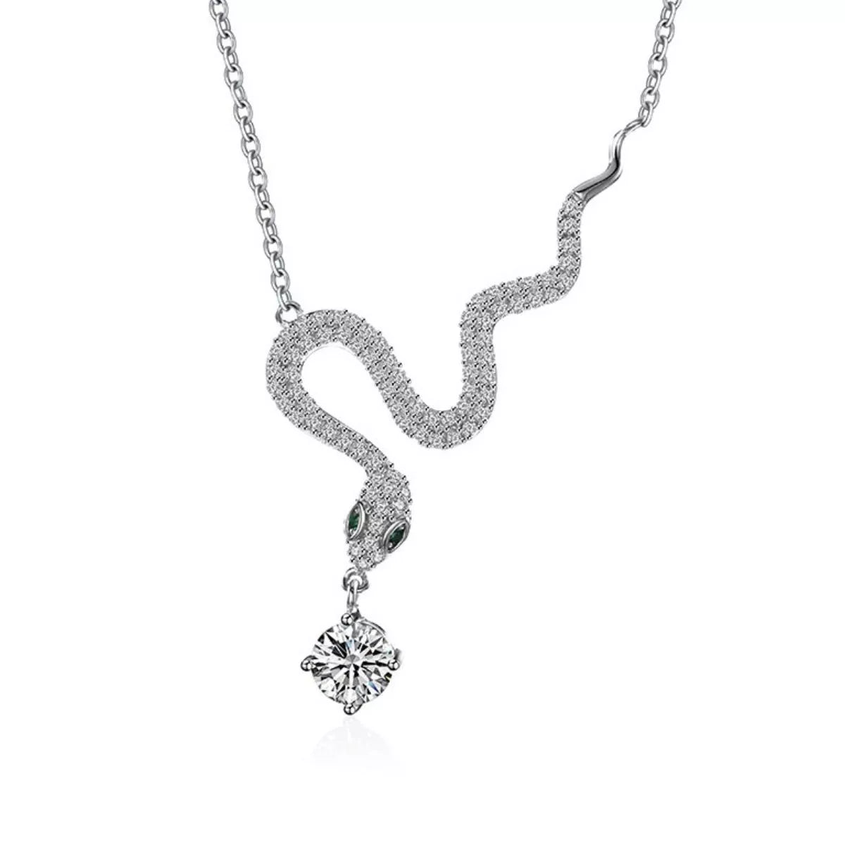 Sterling silver snake pendant necklace with a moissanite drop and green accent eyes.
