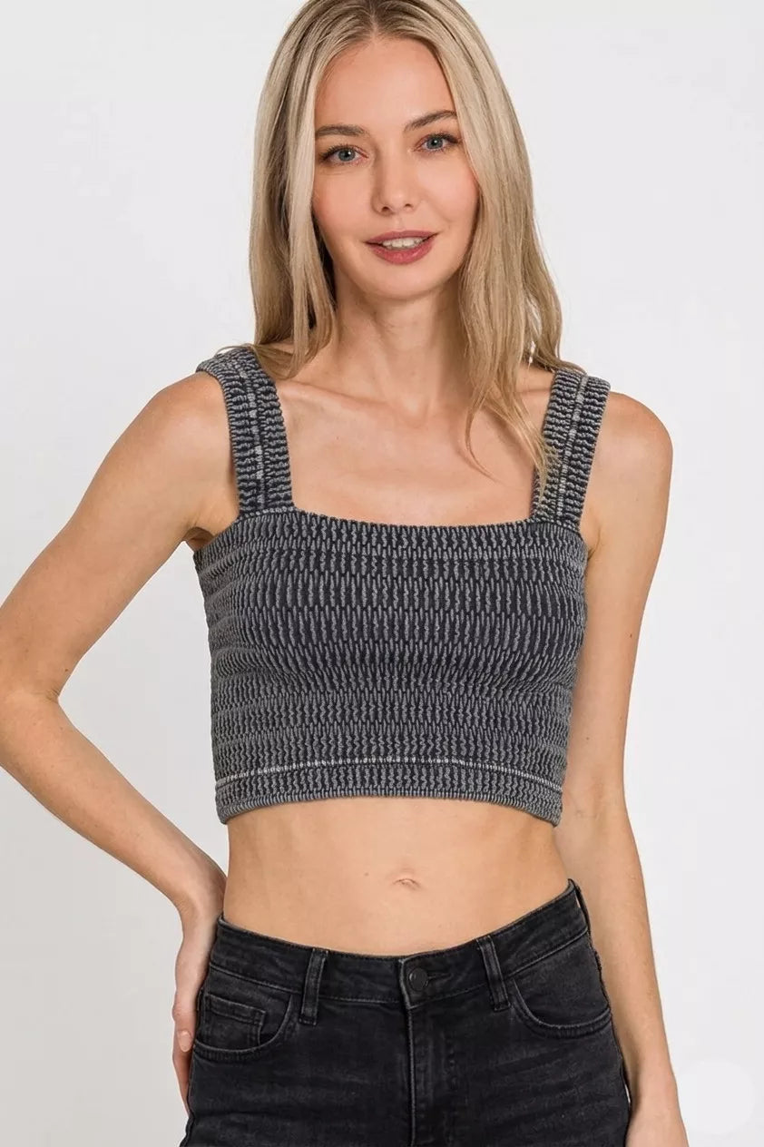 Black smocked ribbed cropped bra top with wide straps