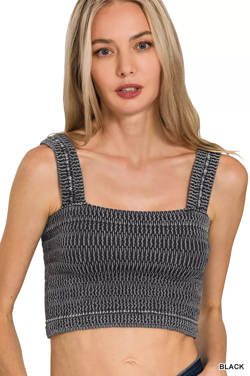 Black smocked ribbed cropped bra top with wide straps
