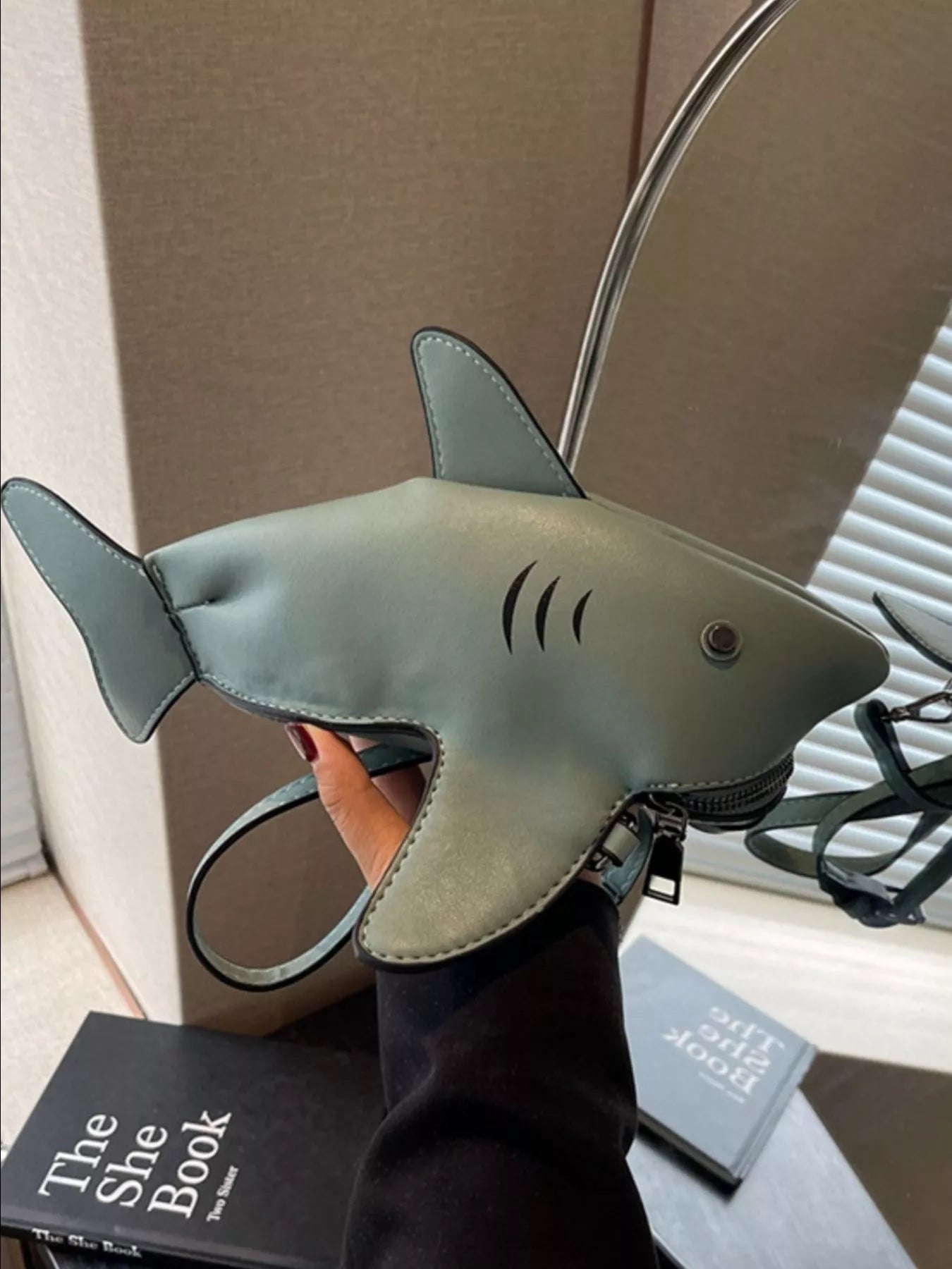 Shark-shaped mini crossbody bag made from PU leather with fin details and zip closure