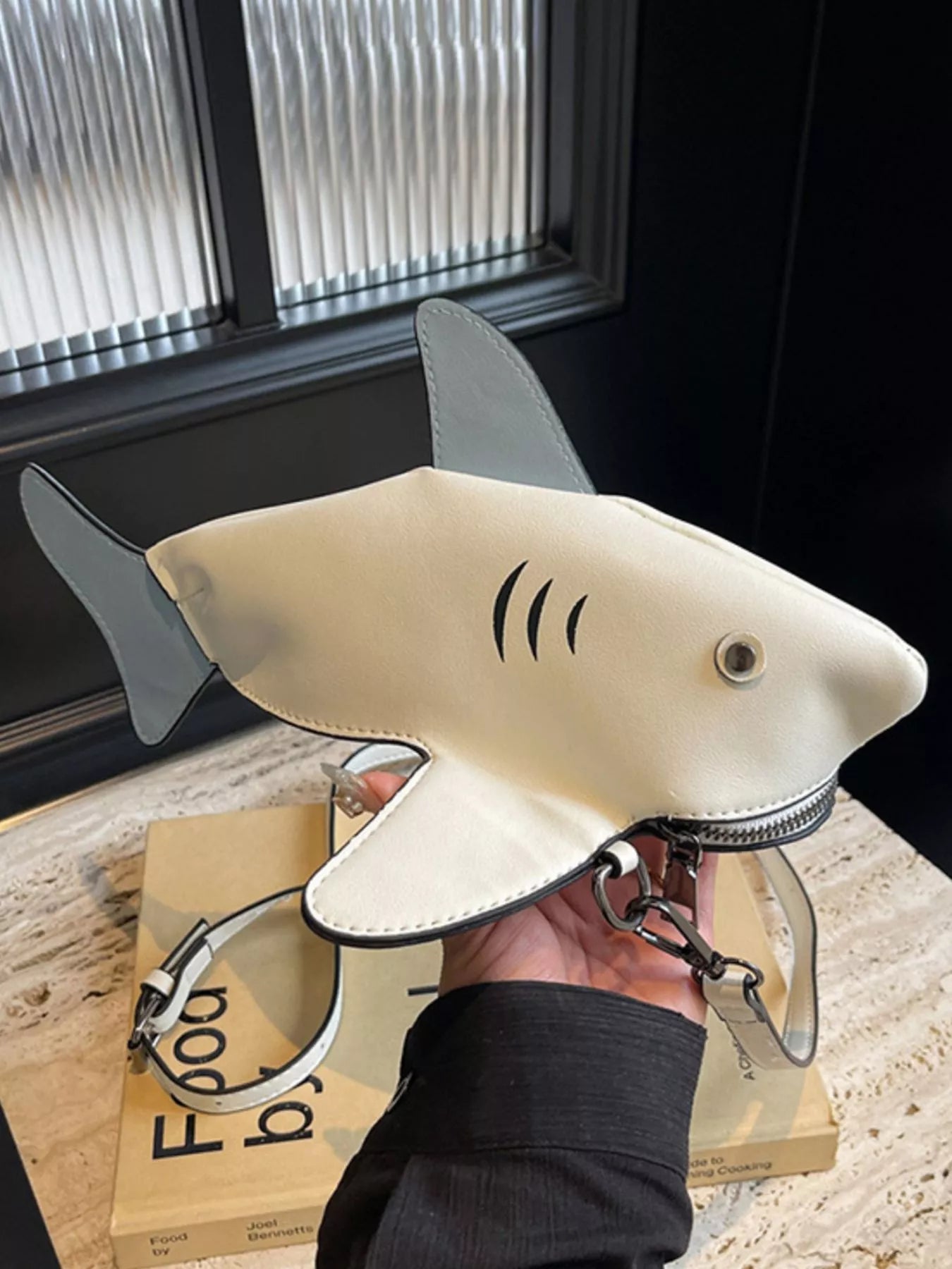 Shark-shaped mini crossbody bag made from PU leather with fin details and zip closure