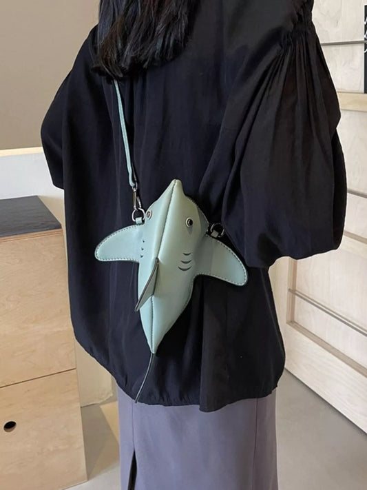 Shark-shaped mini crossbody bag made from PU leather with fin details and zip closure