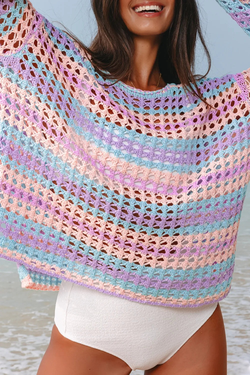 Striped openwork knit cover-up with round neck and side slits – Shoreline Breeze style from A Whimsical Affair.