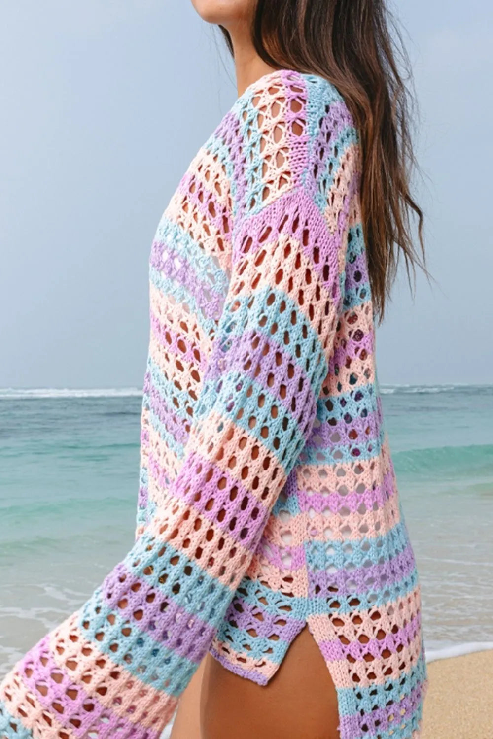 Striped openwork knit cover-up with round neck and side slits – Shoreline Breeze style from A Whimsical Affair.