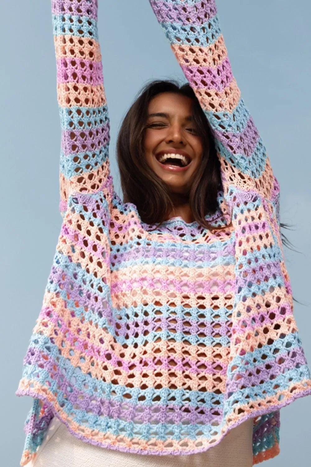 Striped openwork knit cover-up with round neck and side slits – Shoreline Breeze style from A Whimsical Affair.