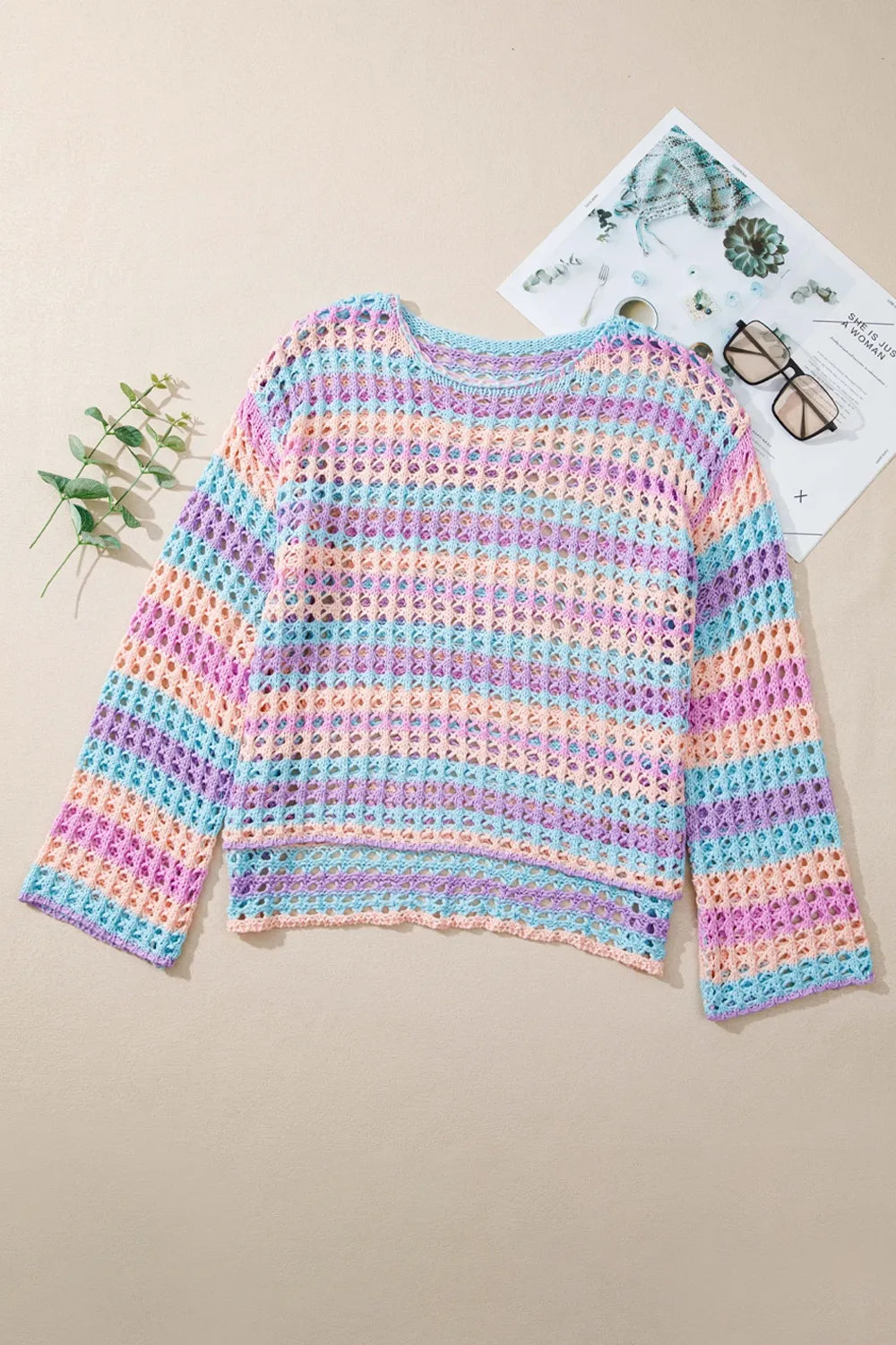 Striped openwork knit cover-up with round neck and side slits – Shoreline Breeze style from A Whimsical Affair.