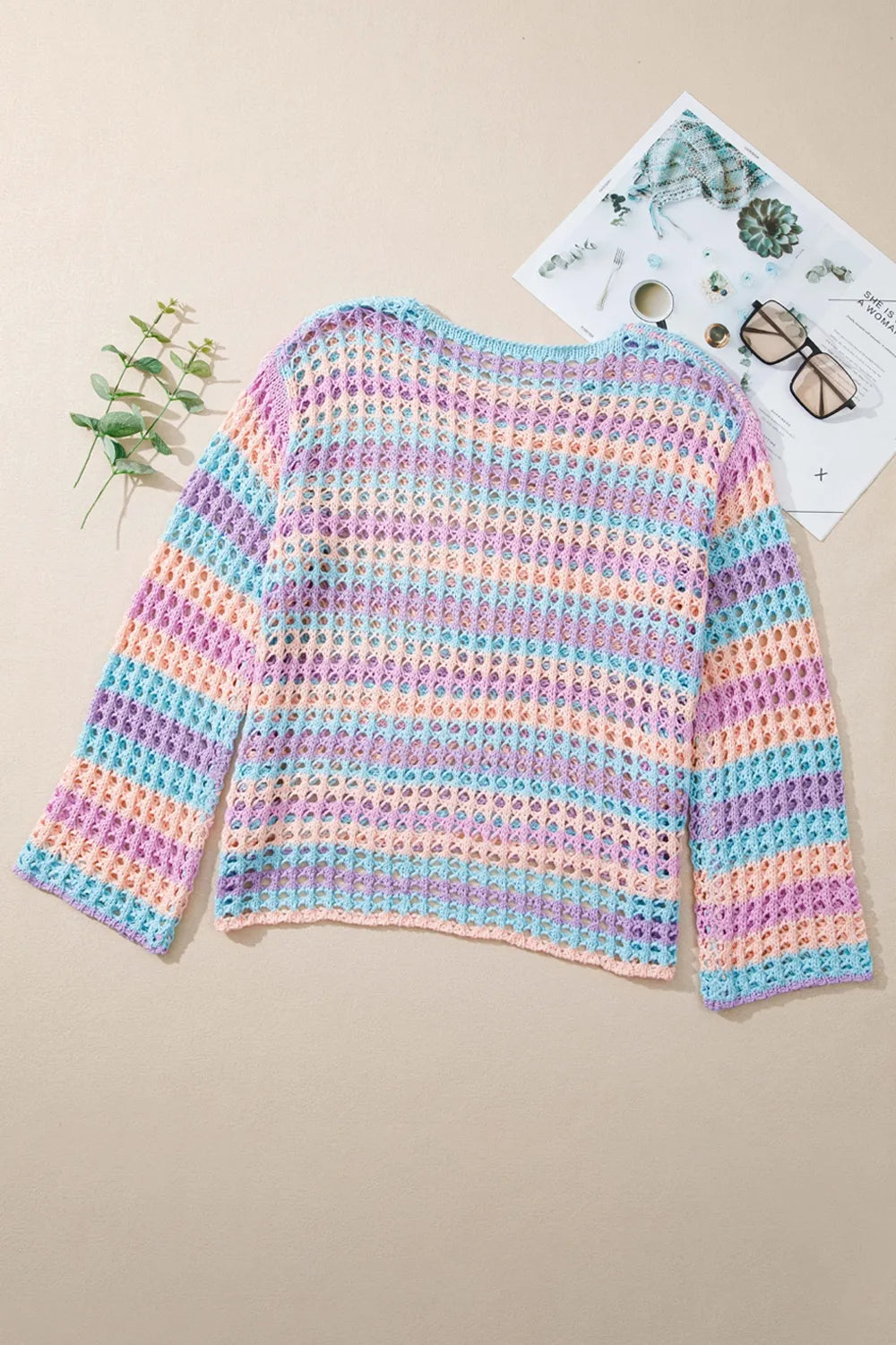 Striped openwork knit cover-up with round neck and side slits – Shoreline Breeze style from A Whimsical Affair.
