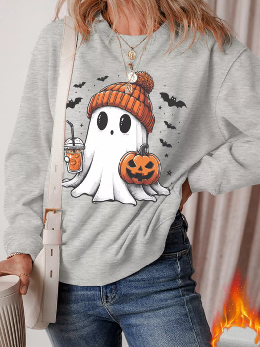 Gray sweatshirt with ghost in orange beanie holding coffee and jack-o’-lantern, surrounded by bats – Sippin’ Spooky style from A Whimsical Affair.