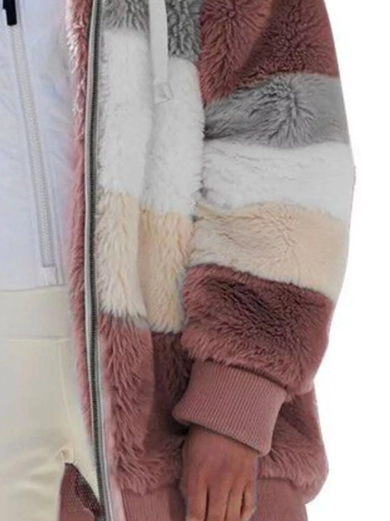 Soft plush faux fur zip jacket with drawstring hood and pockets.