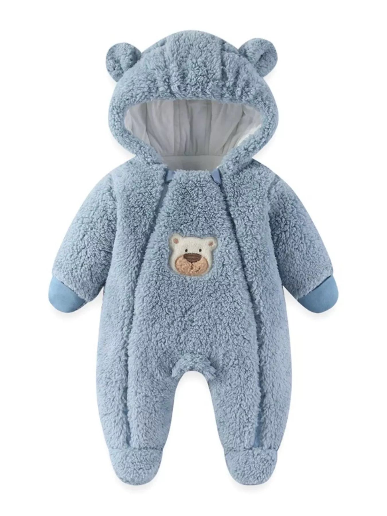 Blue plush baby hooded romper with bunny ears and soft fleece texture
