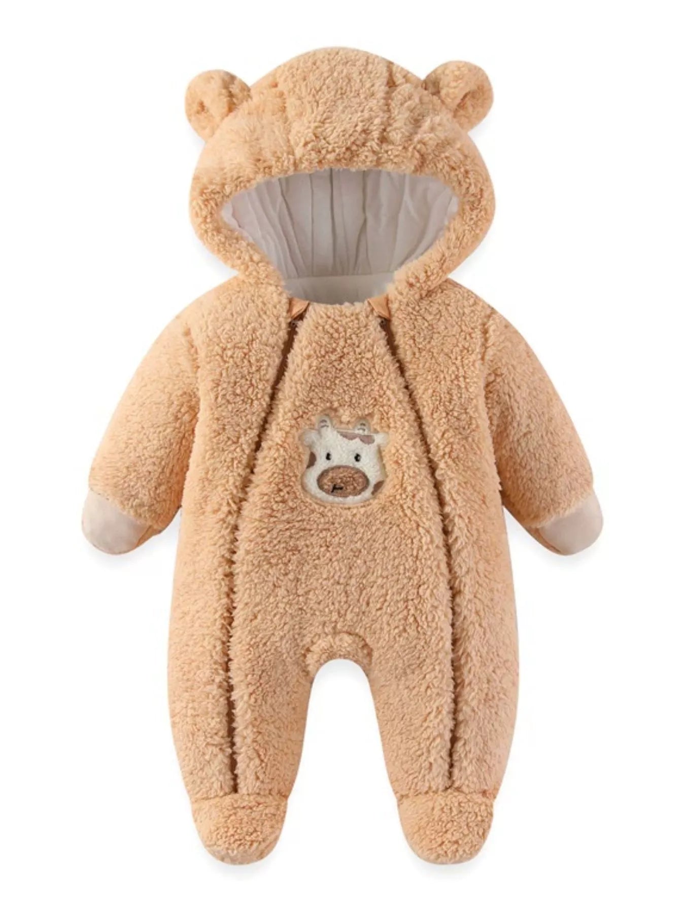 Beige plush baby hooded romper with bunny ears and soft fleece texture