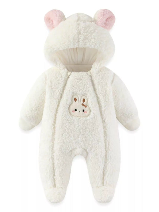 White plush baby hooded romper with bunny ears and soft fleece texture