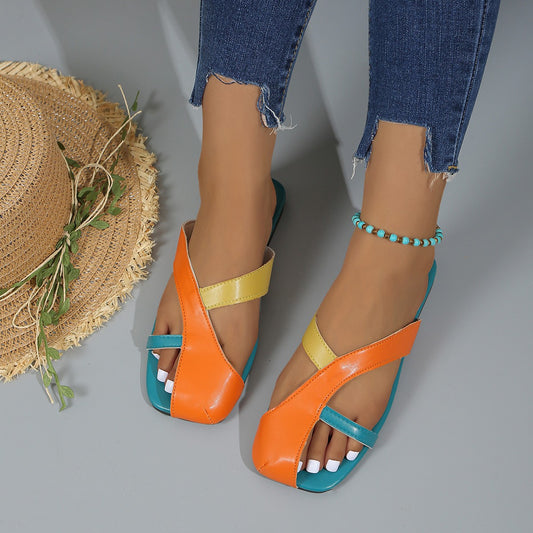 Multicolor square toe sandals with bright crossover straps