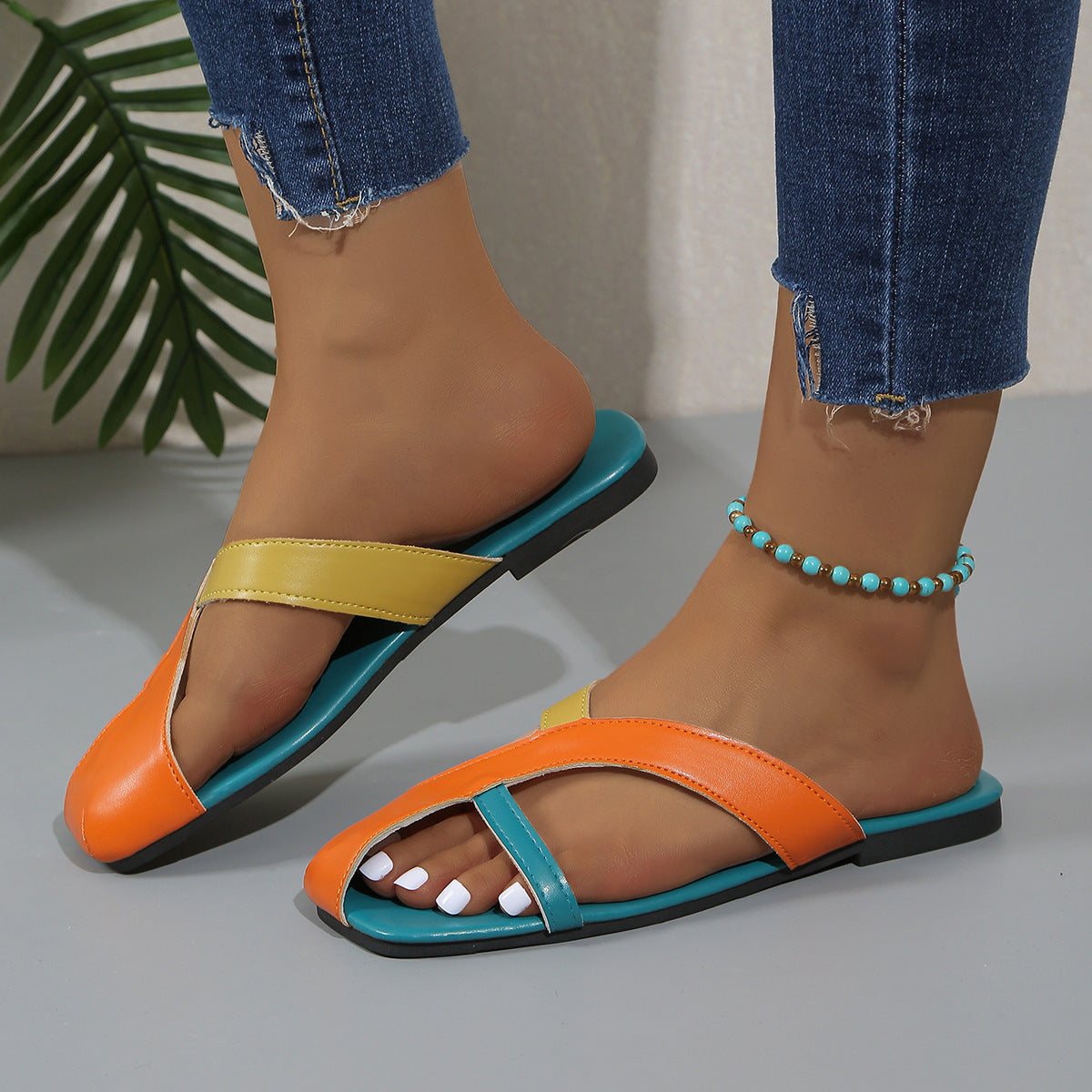 Multicolor square toe sandals with bright crossover straps