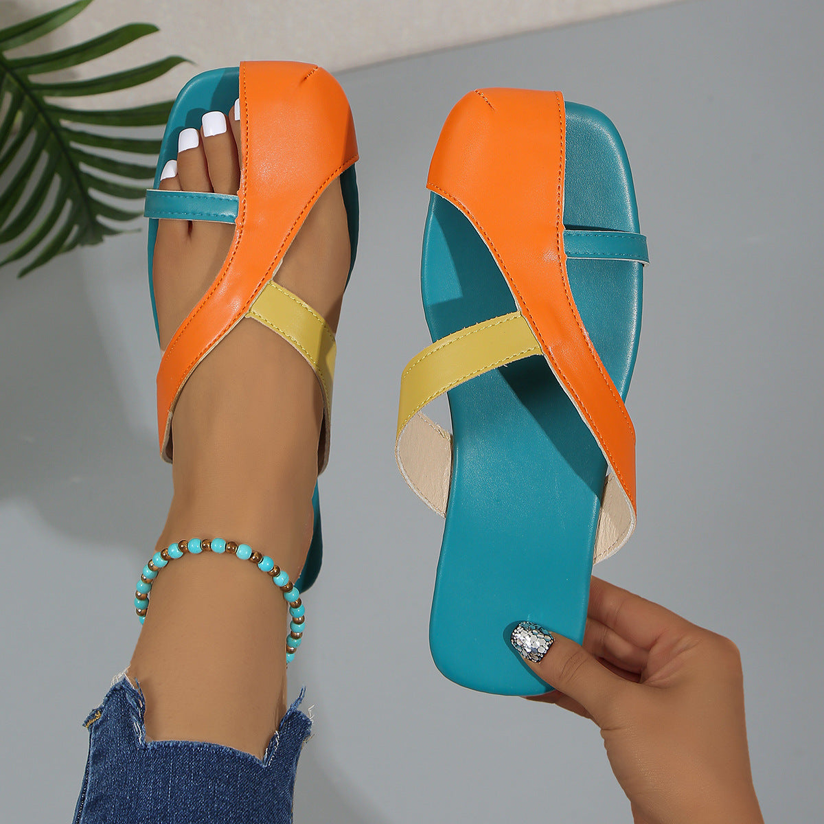 Multicolor square toe sandals with bright crossover straps
