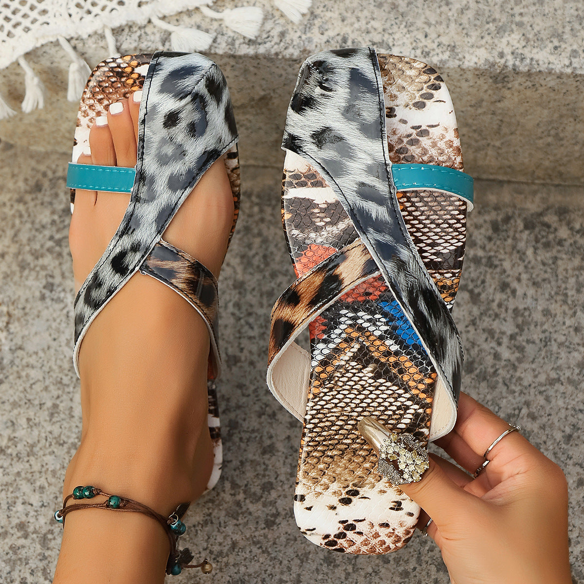 Multicolor square toe sandals with bright crossover straps
