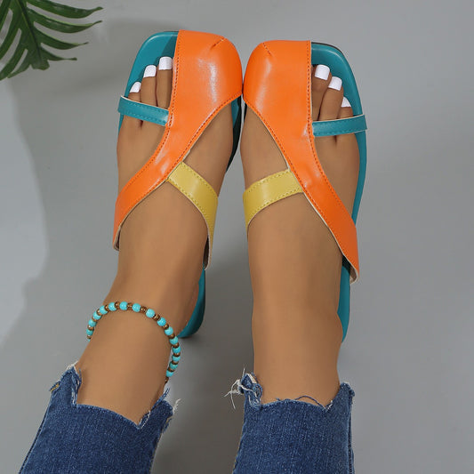 Multicolor square toe sandals with bright crossover straps