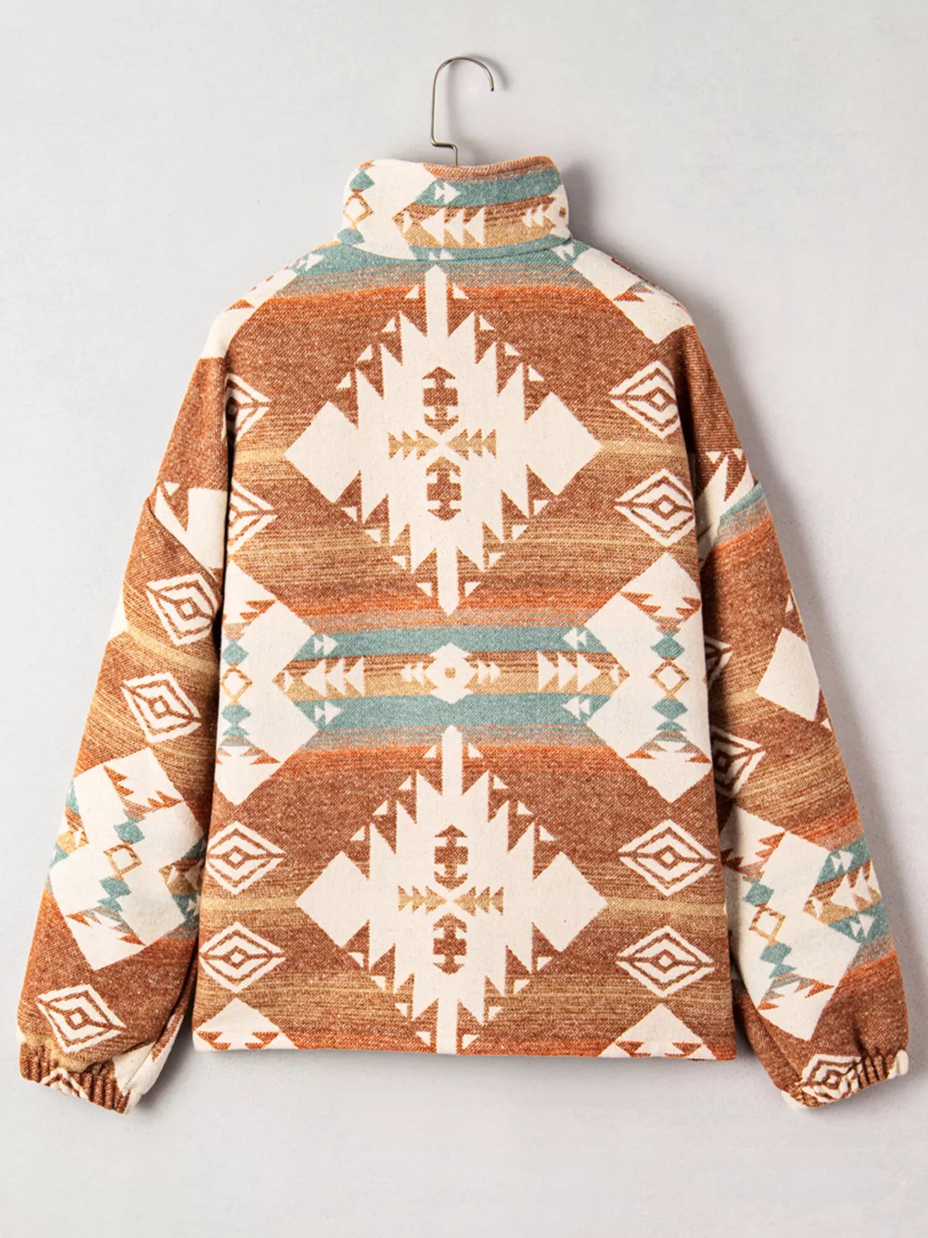 Camel Aztec print quarter zip sweatshirt with elastic cuffs.
