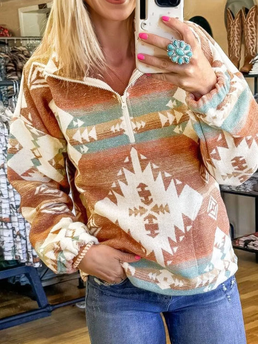 Camel Aztec print quarter zip sweatshirt with elastic cuffs.