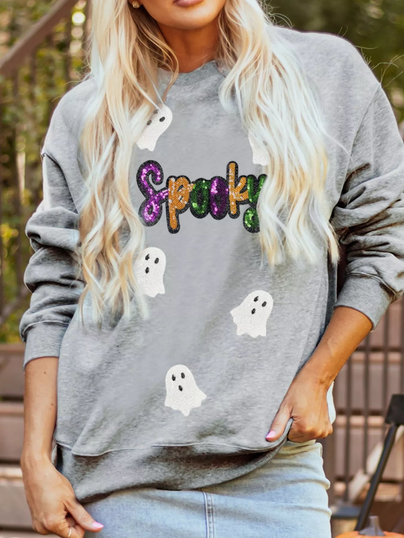 Grey Halloween sweatshirt with white ghosts and colorful sequin “SPOOKY” lettering – Sparkle Spooky style from A Whimsical Affair.