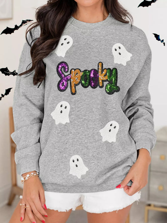 Grey Halloween sweatshirt with white ghosts and colorful sequin “SPOOKY” lettering – Sparkle Spooky style from A Whimsical Affair.