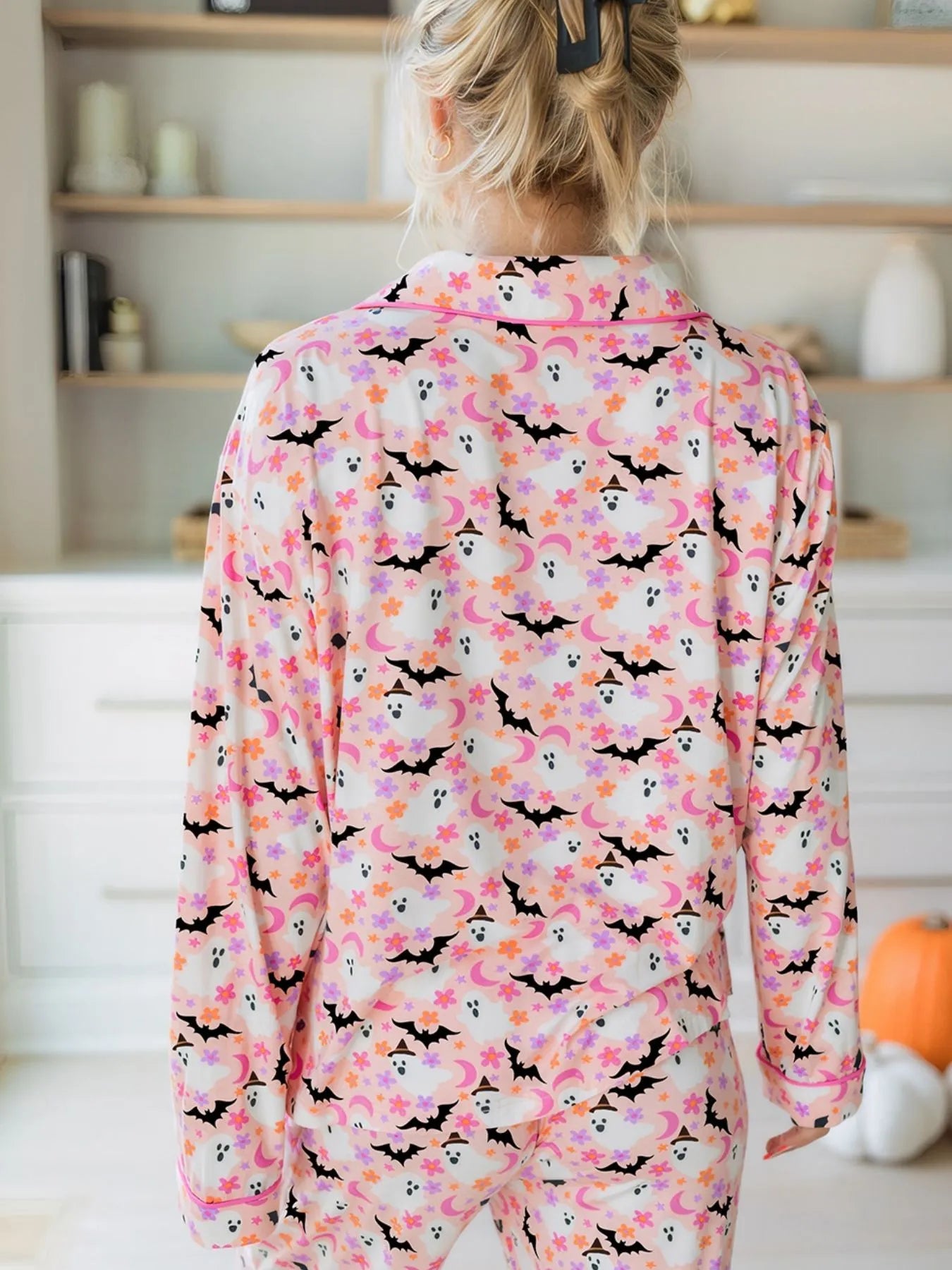 Halloween ghost print two-piece lounge set with button-up top and pants – Spooky Comfort style from A Whimsical Affair.