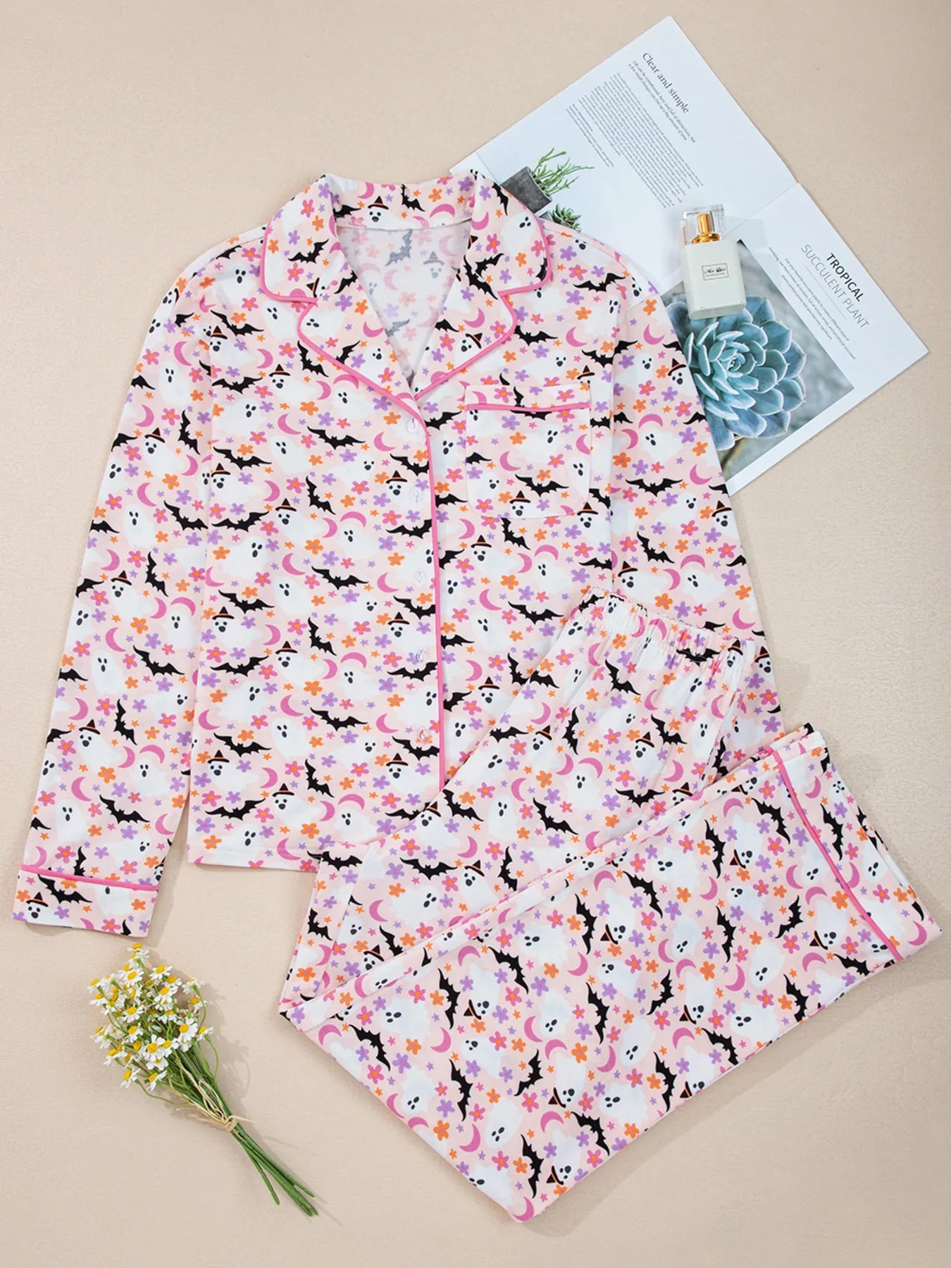 Halloween ghost print two-piece lounge set with button-up top and pants – Spooky Comfort style from A Whimsical Affair.