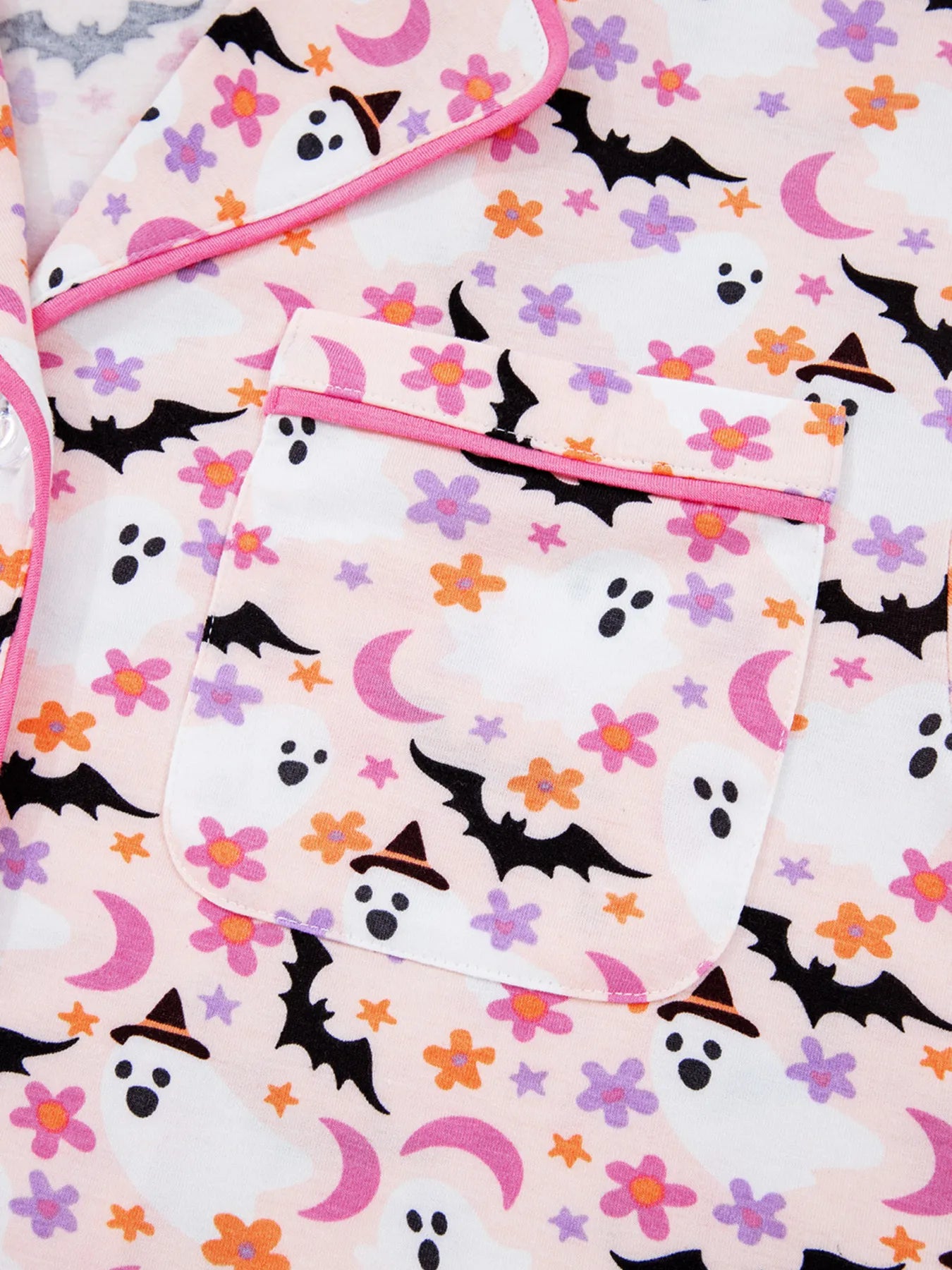 Halloween ghost print two-piece lounge set with button-up top and pants – Spooky Comfort style from A Whimsical Affair.
