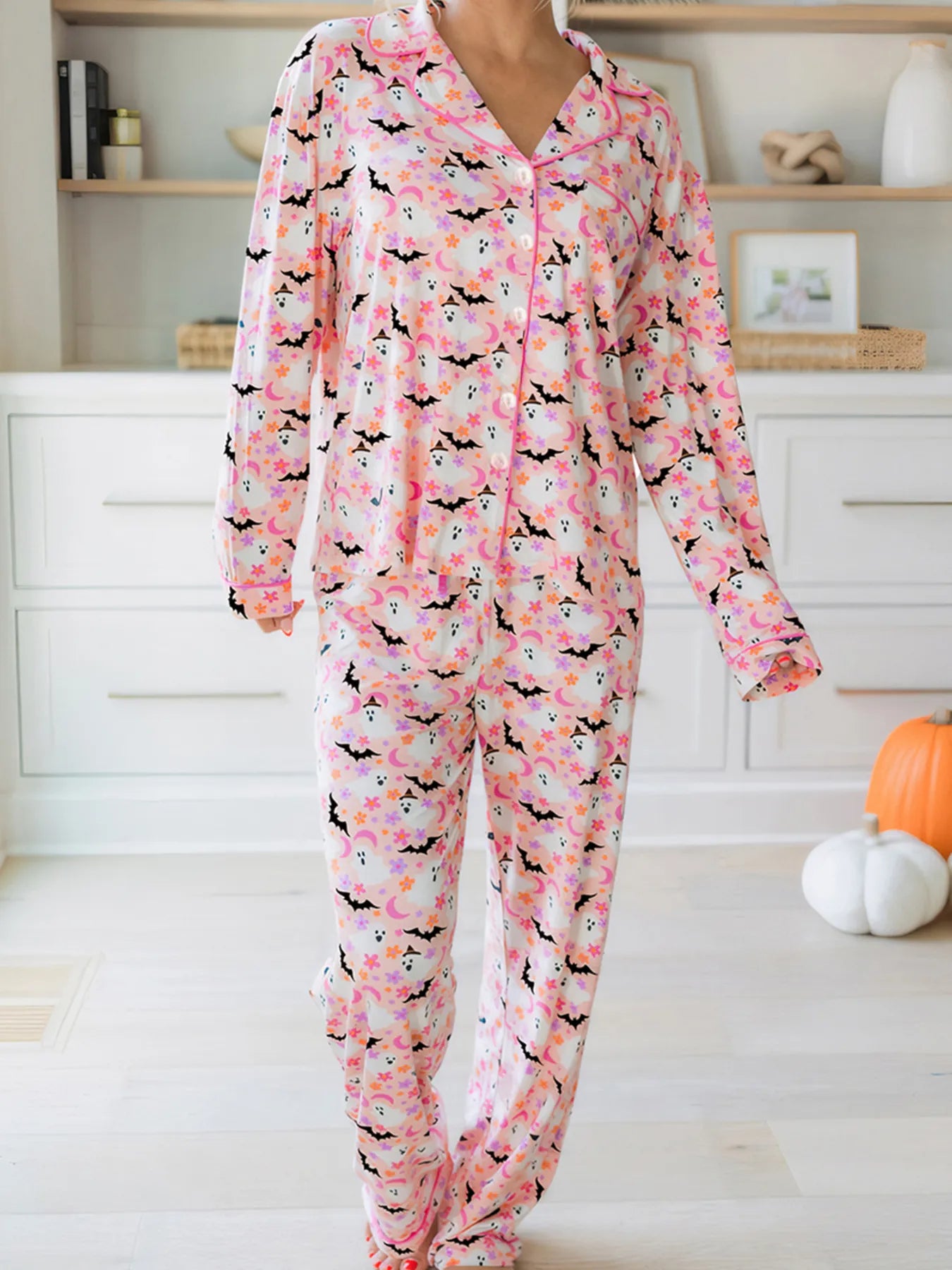 Halloween ghost print two-piece lounge set with button-up top and pants – Spooky Comfort style from A Whimsical Affair.