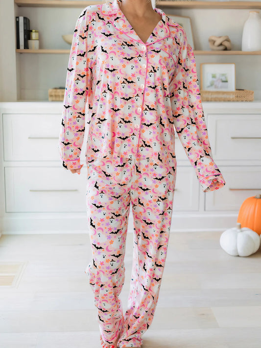Halloween ghost print two-piece lounge set with button-up top and pants – Spooky Comfort style from A Whimsical Affair.