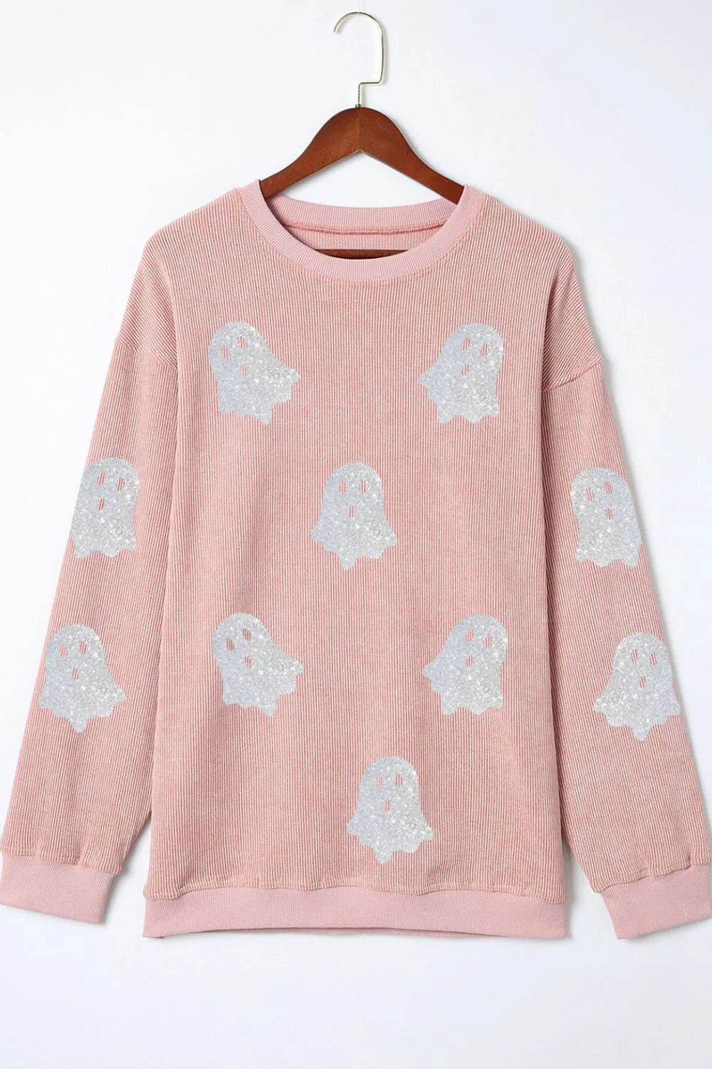 Spooky Cozy Oversized Ghost Sweatshirt – pink oversized round neck sweatshirt with ghost print, Halloween loungewear.